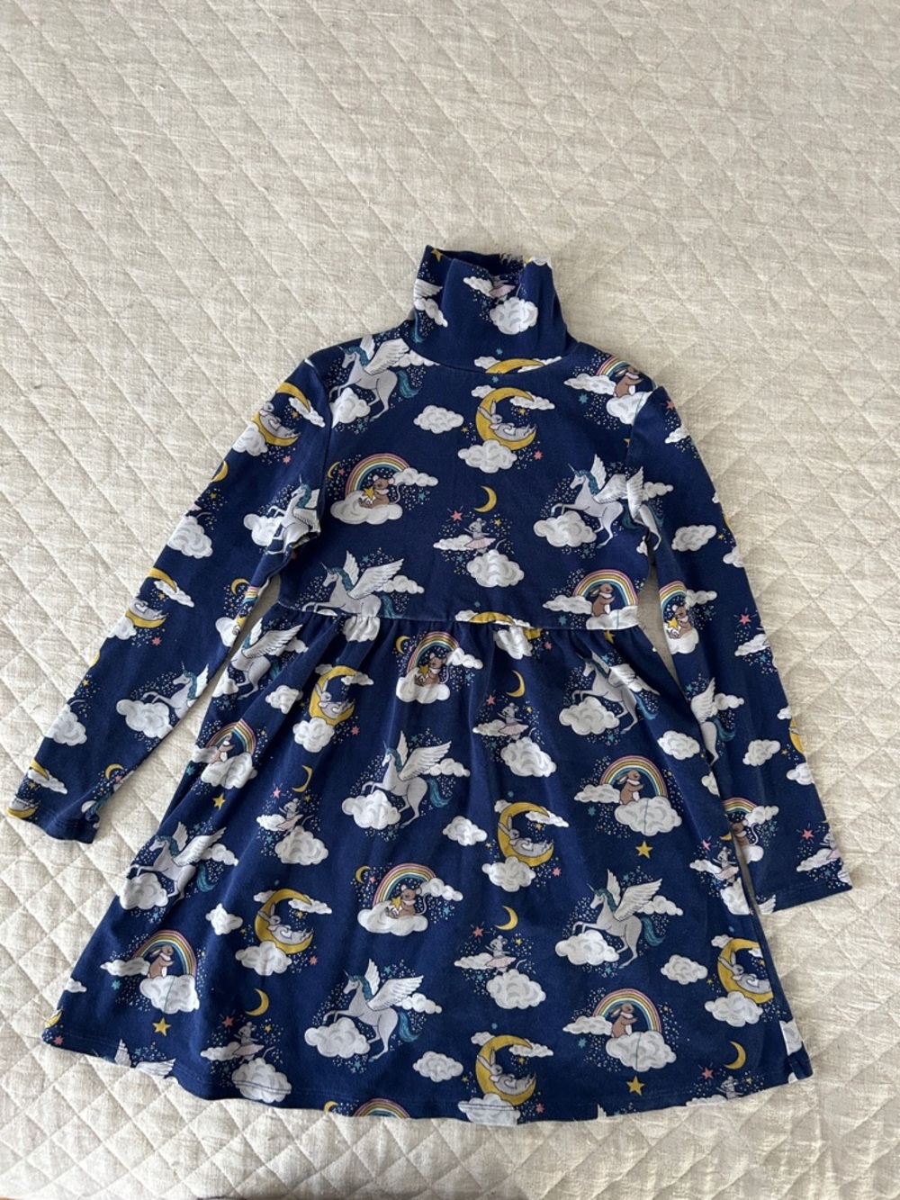 Mini Boden Navy Unicorn, Rainbow & Moon Turtleneck Dress